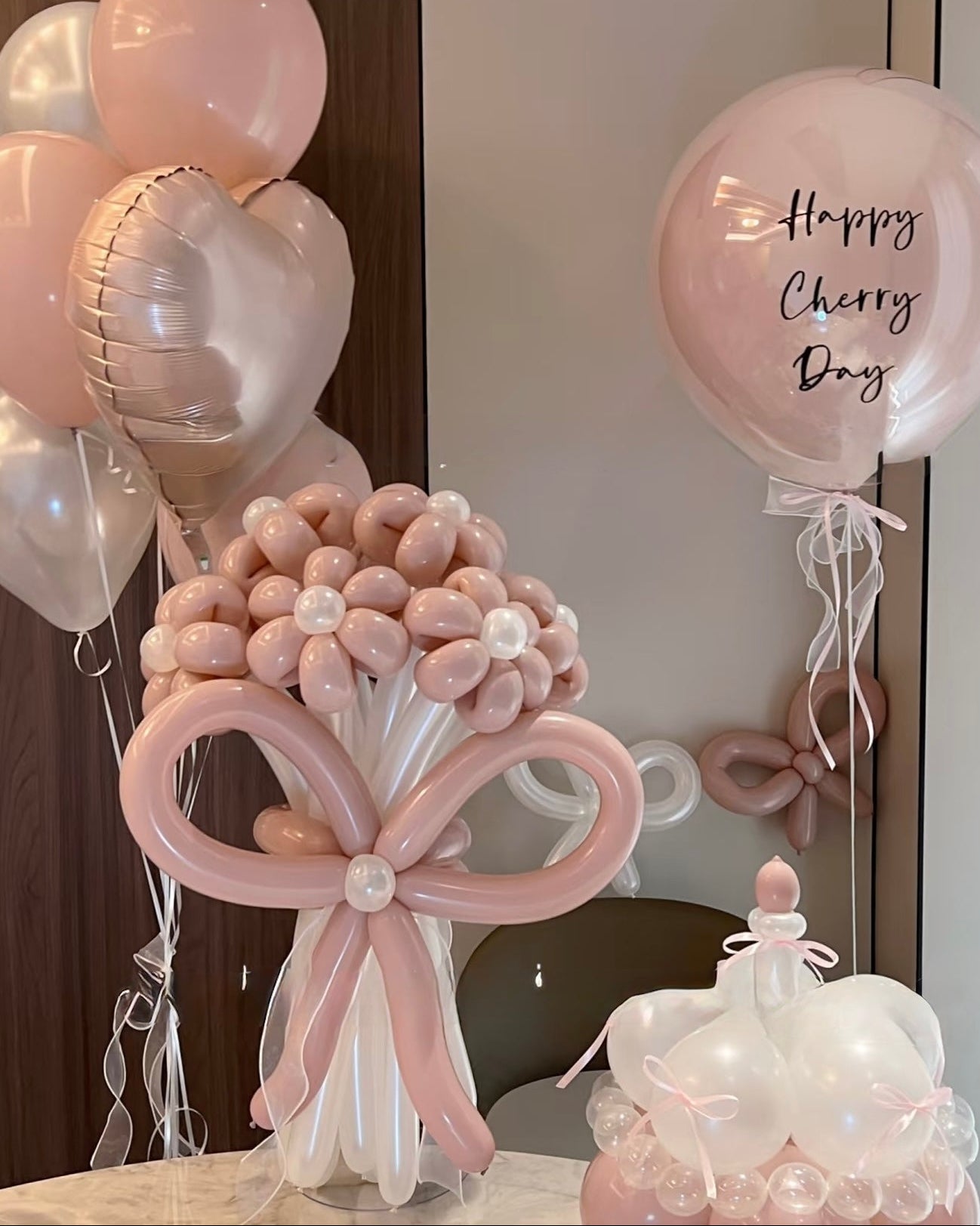 Blush Pink Balloon Flower Bouquet with Bow – Luxury Birthday Balloon Arrangement