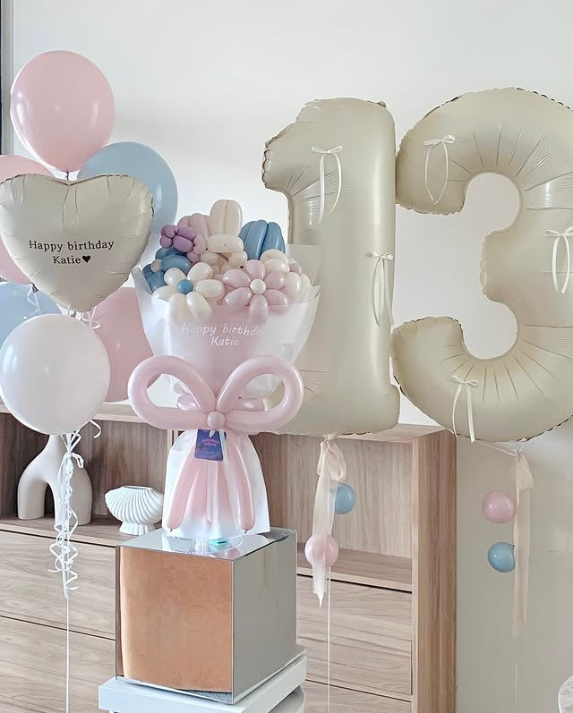 Cream & Pastel Birthday Balloon Set with Flower Bouquet, Number Balloons & Heart Balloon