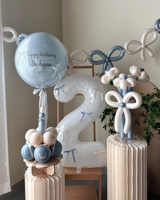 Blue & White 2nd Birthday Balloon Set with Custom Bubble Balloon, Number Balloon & Bow Garland