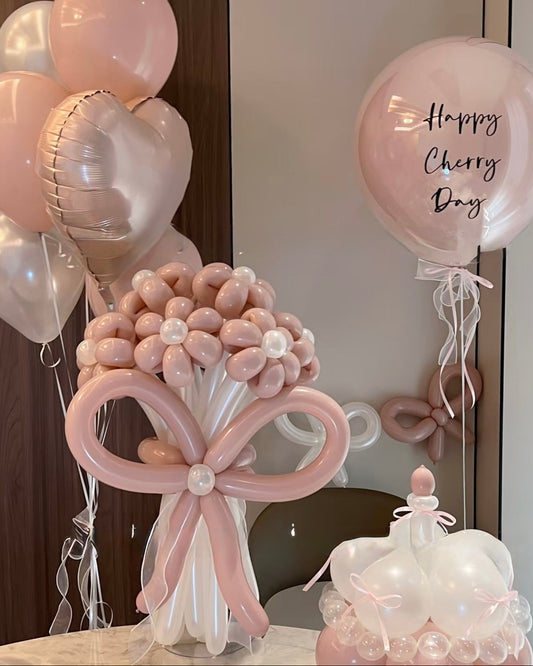 Blush Pink Balloon Flower Bouquet with Bow – Luxury Birthday Balloon Arrangement
