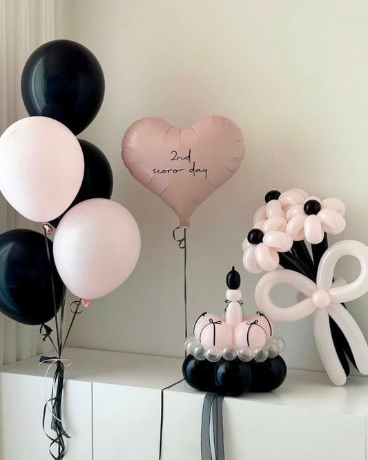 Black & Blush Balloon Bouquet Set with Flower Arrangement and Balloon Cake