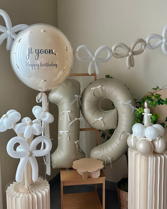 Neutral Balloon Birthday Set with Custom Bubble Balloon, Number Balloons & Flower Arrangement