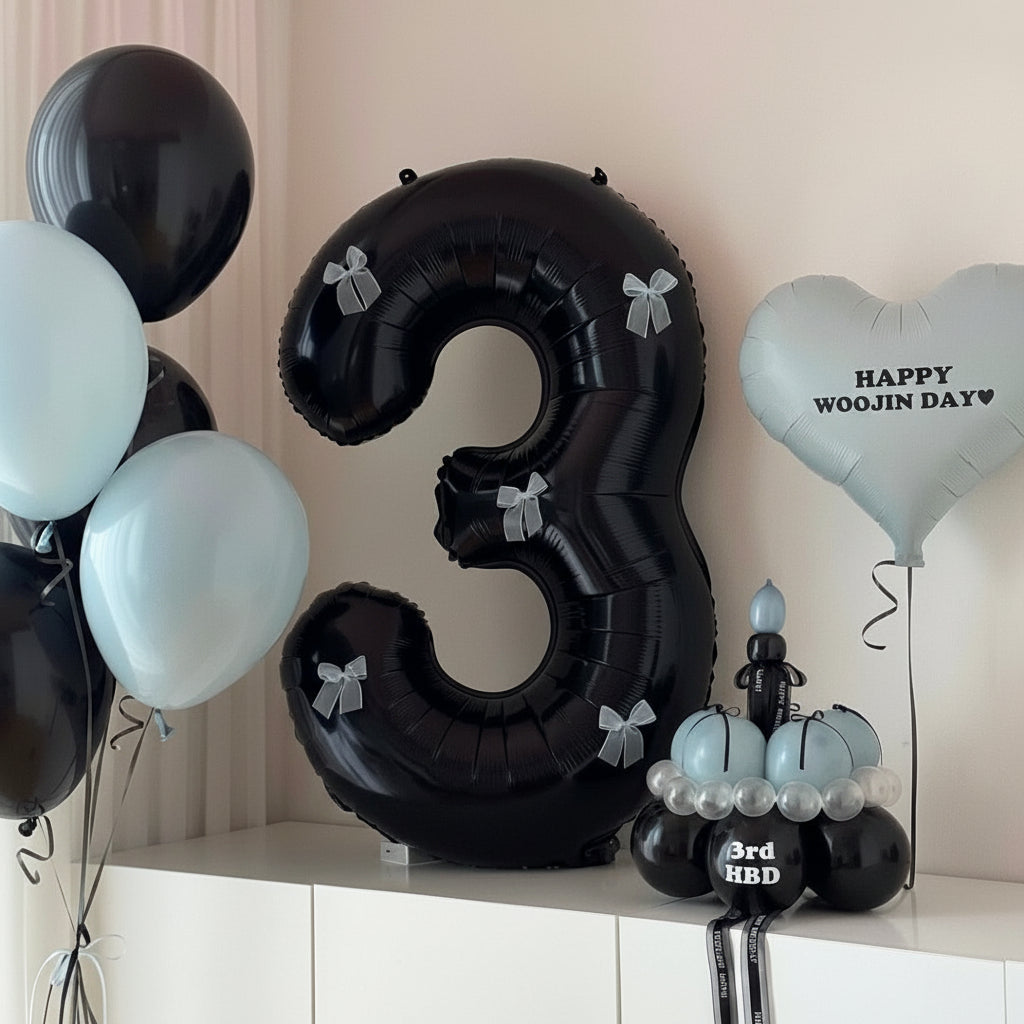 Black & Slate Blue Birthday Balloon Set with Large Number Balloon and Balloon Cake