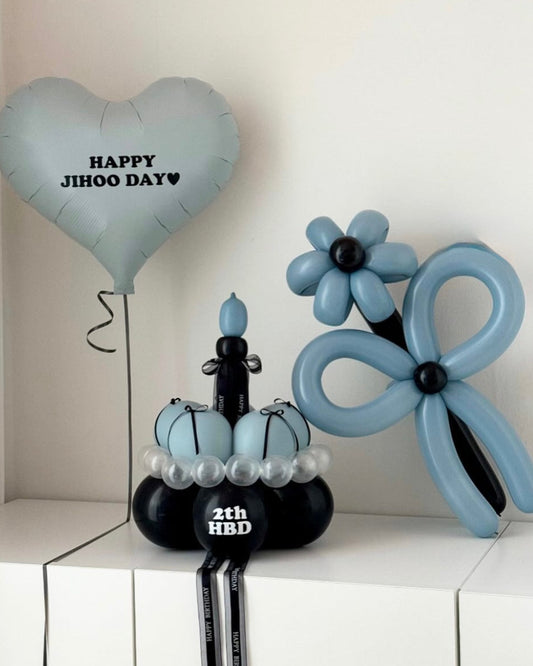 Slate Blue & Black Birthday Balloon Set with Heart Balloon and Balloon Cake