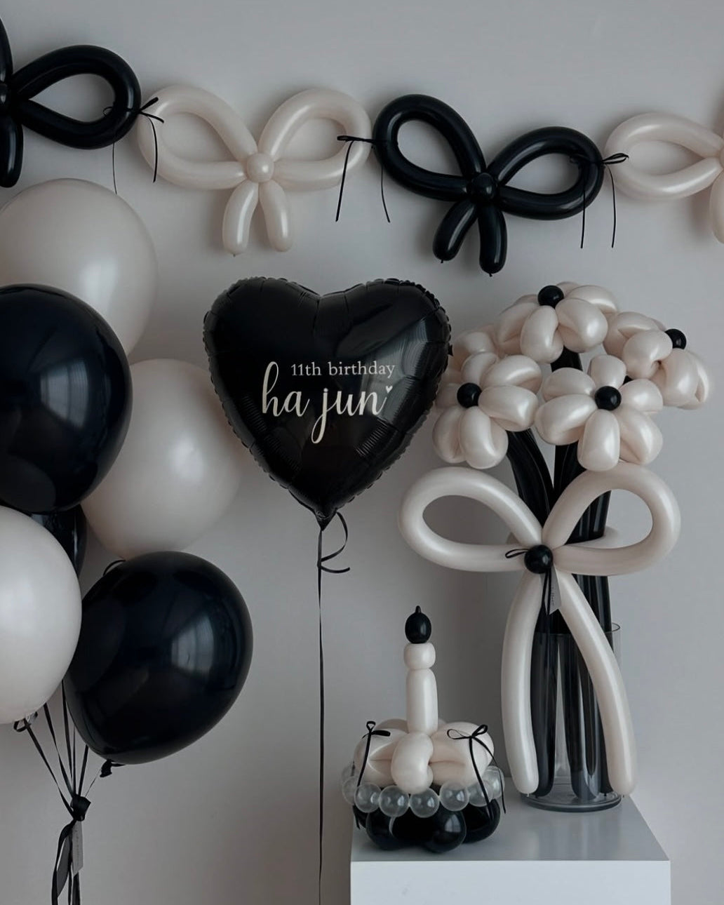 Black & Ivory Birthday Balloon Set with Heart Balloon, Flower Bouquet & Balloon Cake