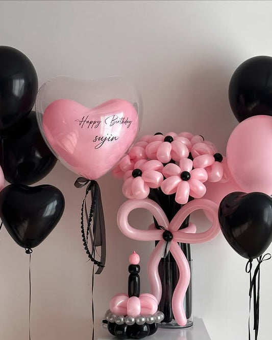 Pink & Black Birthday Balloon Set with Heart Balloon, Flower Bouquet & Balloon Cake