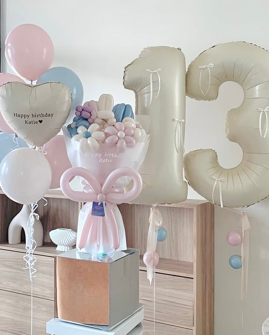Cream & Pastel Birthday Balloon Set with Flower Bouquet, Number Balloons & Heart Balloon