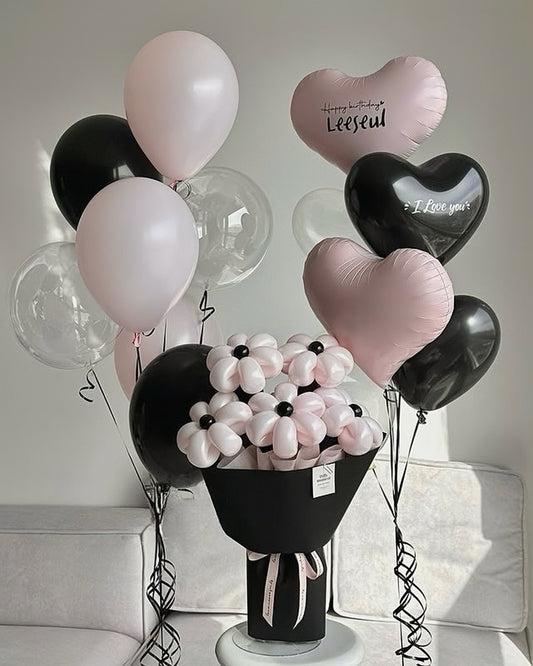 Black & Pink Balloon Set with Heart Balloons, Clear Balloons & Flower Bouquet