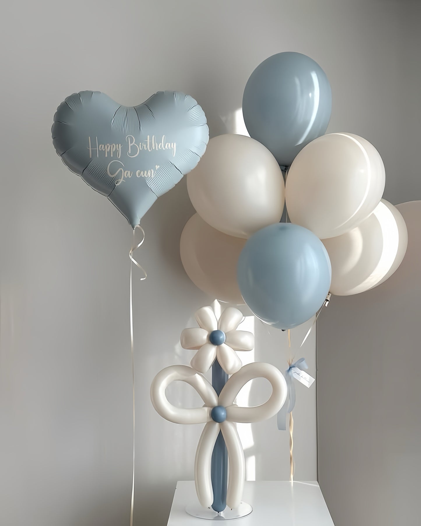 Slate Blue & Cream Birthday Balloon Set with Heart Balloon and Flower Arrangement