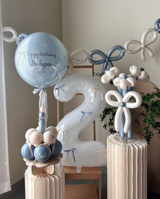 Blue & White 2nd Birthday Balloon Set with Custom Bubble Balloon, Number Balloon & Bow Garland