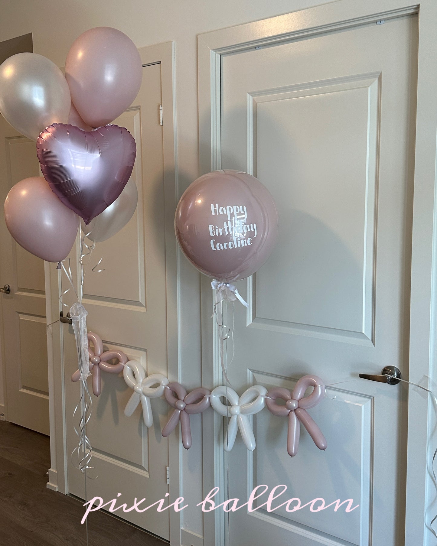 Blush Pink Birthday Balloon Set with Heart Balloon, Custom Bubble Balloon &amp; Bow Garland