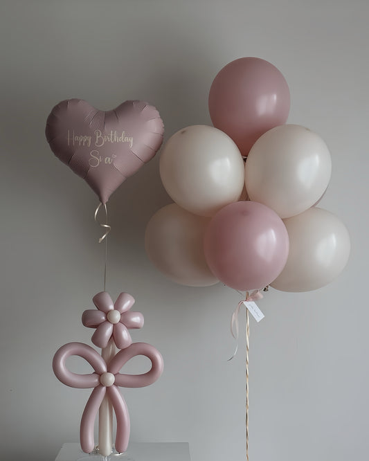 Blush Pink Birthday Balloon Set with Heart Balloon & Flower Bow Arrangement