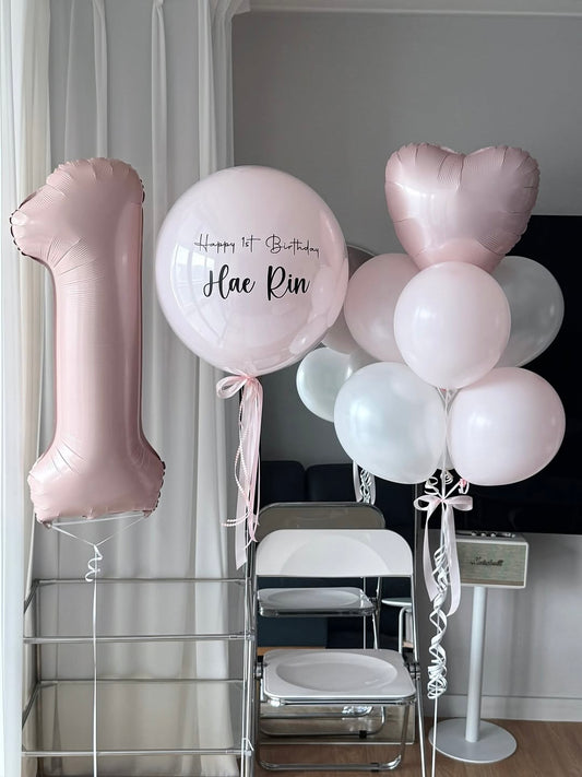 Blush Pink 1st Birthday Balloon Set with Custom Bubble Balloon, Number Balloon & Heart Balloon