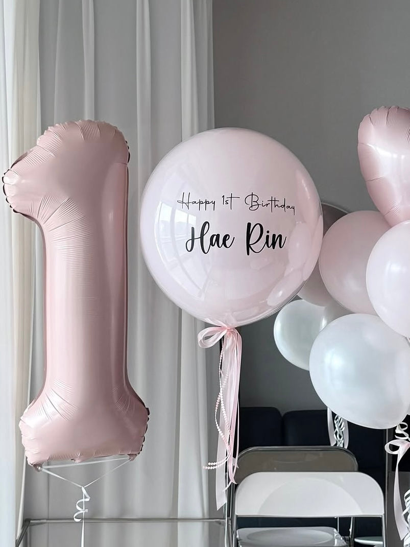 Blush Pink 1st Birthday Balloon Set with Custom Bubble Balloon, Number Balloon & Heart Balloon